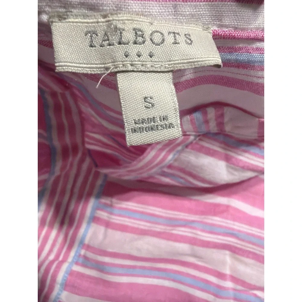 Talbots Womens Small Pink White Striped Linen Blend V-Neck Short Sleeve Blouse - Picture 4 of 5